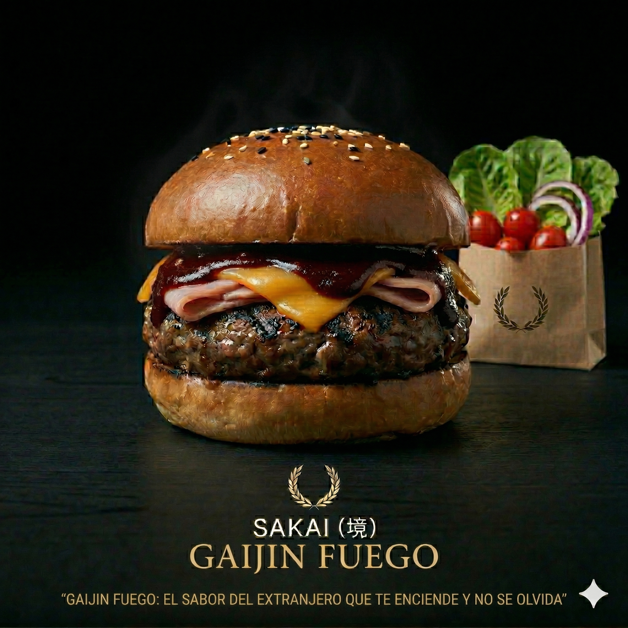 Hamburguesa Gaijin Fuego 外人火 — carne molida a las brasas con BBQ picante de la casa